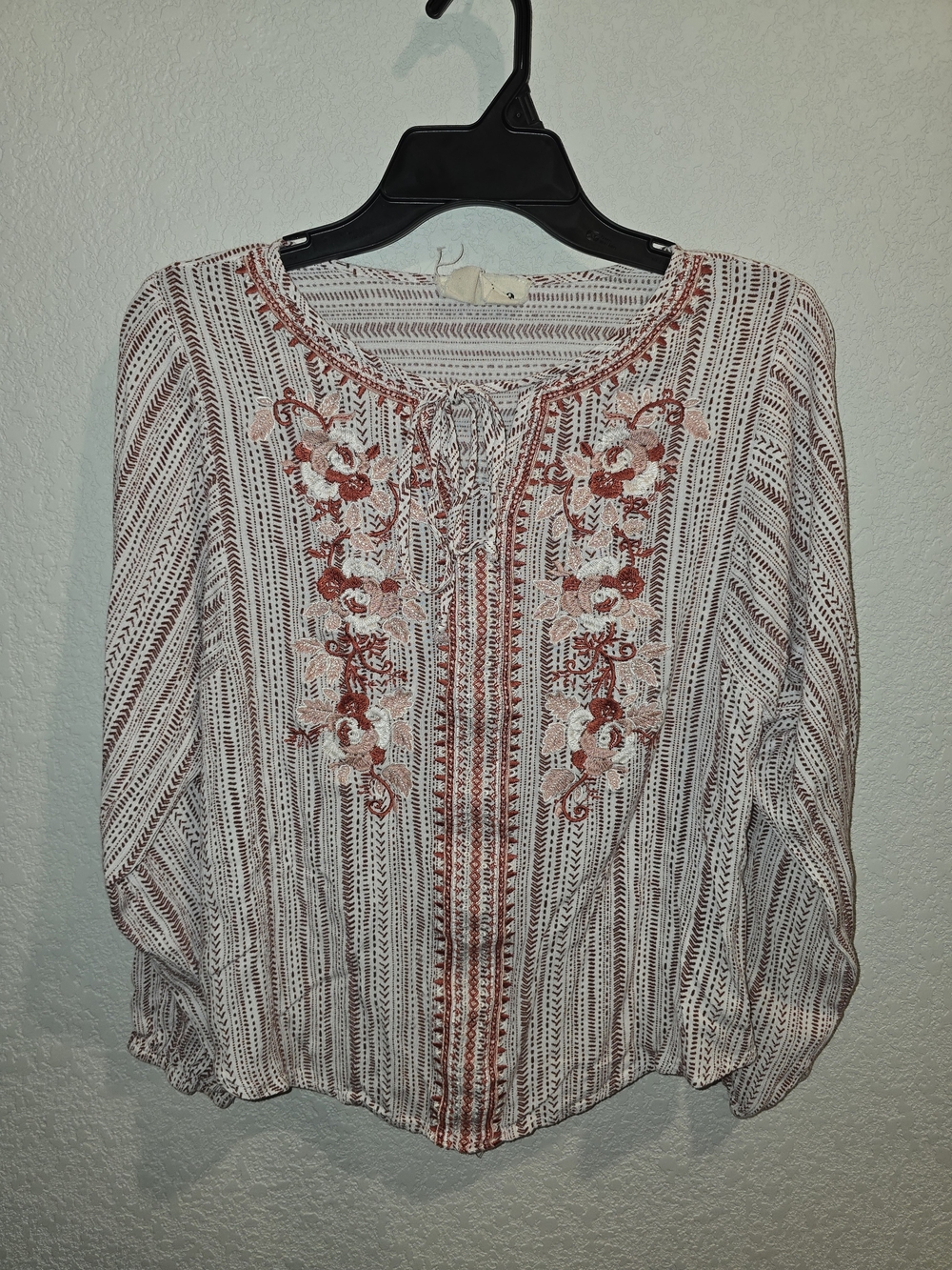 Savanna Jane Rust & White Embroidered Boho Peasant Blouse - Women's Size Medium